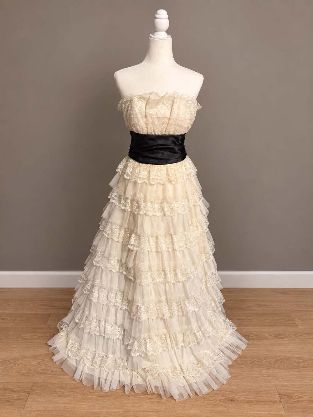 80’s Masquerade Ivory Lace Tiered Formal Gown with Black Satin Sash
